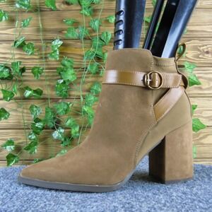 Womens Celia Tan Faux Suede Ankle Boots Buckle Strap Chunky‎ Heel 9.5M